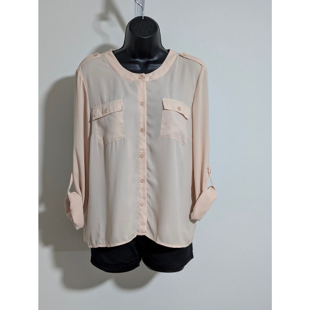 Manteau Light Peach Button Tab Sleeve Button Down Blouse Shirt Top – Size Large
